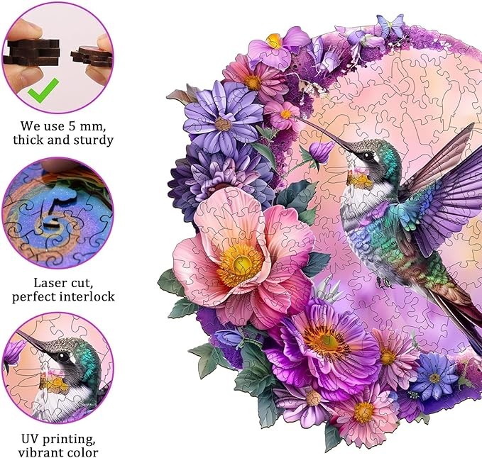 Jigfoxy Wooden Puzzles for Adults, Hummingbird Wood Puzzles Adult, Unique Animal Shape Wooden Jigsaw Puzzles for Adults, Birthday Gifts for Puzzle Lovers, Family, Friend (L-13.3 * 12.8in-280 pcs)